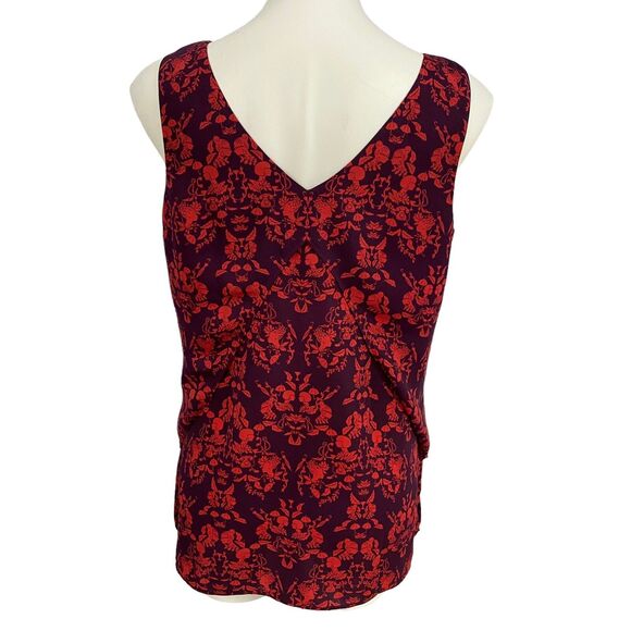 CAbi Top Style #3258 Womens Medium Cameo Print Red Purple Split Back Blouse Work - Picture 2 of 16